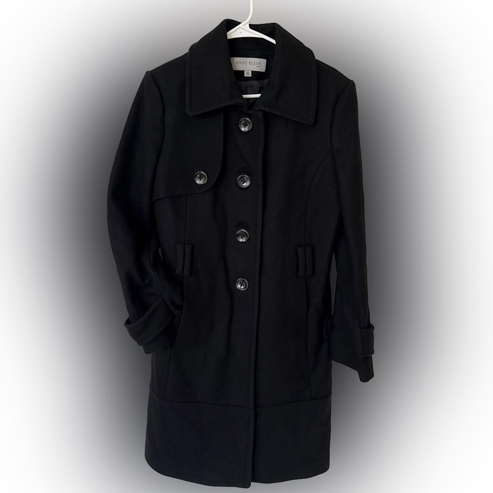 ANNE KLEIN Women's Black Wool Button Collared Long Trench Coat Lined Pockets 10